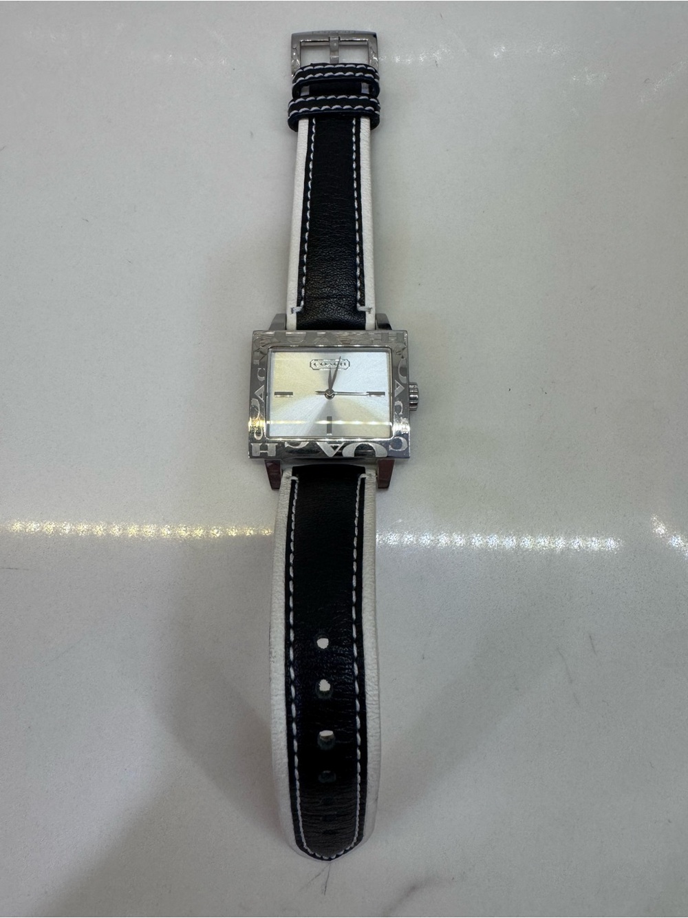 Coach Silver Square Dial Watch with Black Leather Strap- Stainless Steel